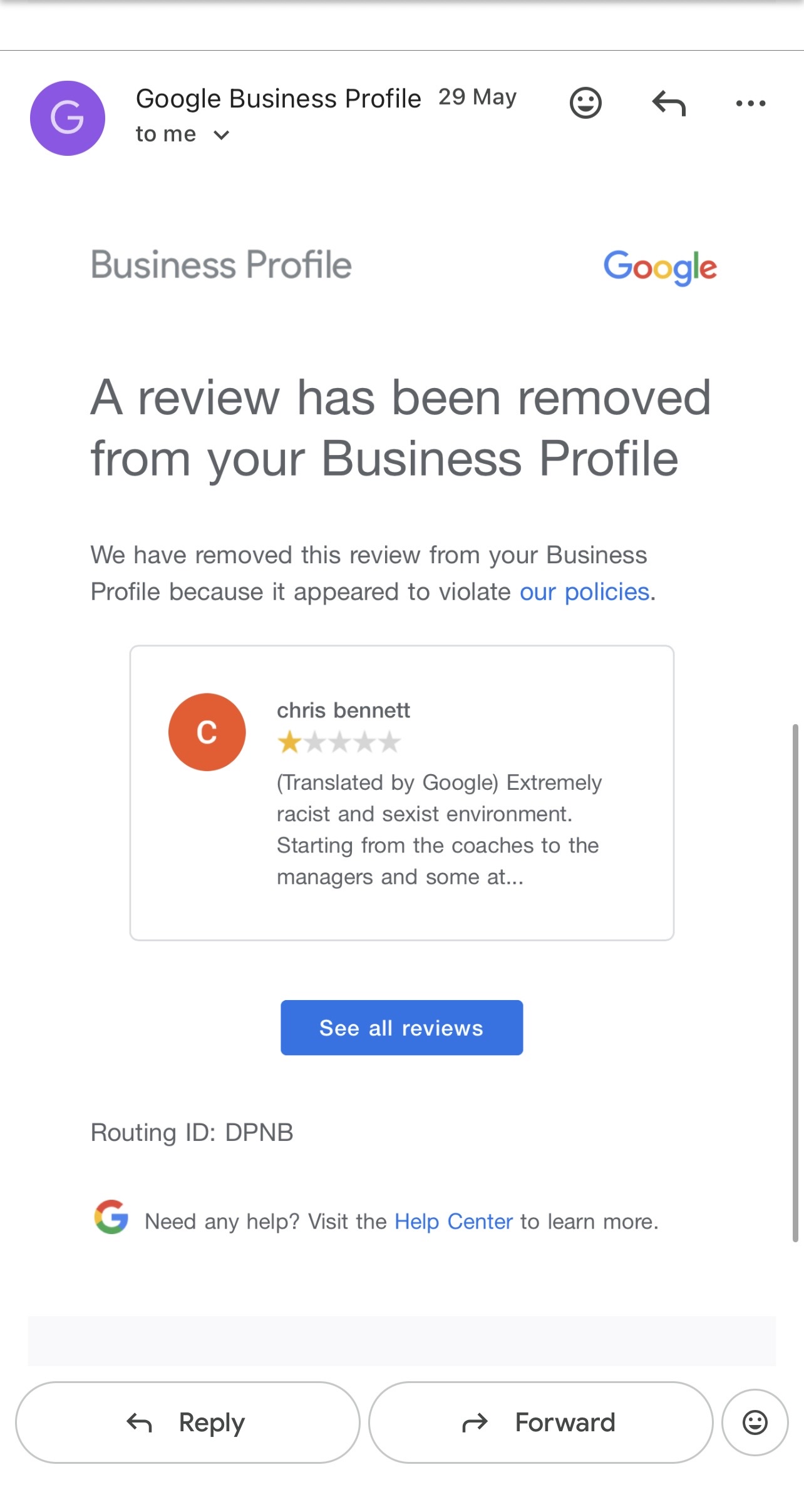 Επιτυχής αφαίρεση αρνητικής κριτικής Google